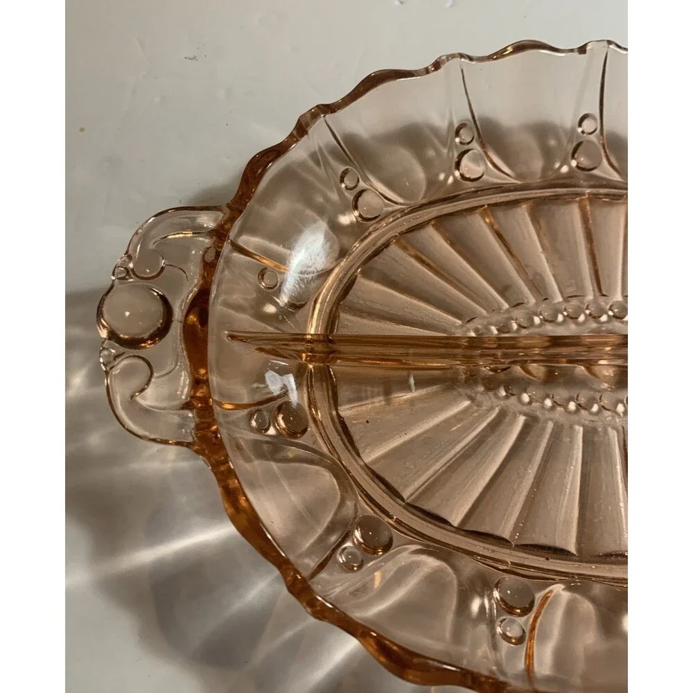 VINTAGE Hocking Depression Glass PINK Serving / Relish Bowl Dish Oyster & Pearl